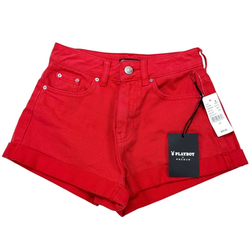 NWT Playboy x PacSun Red Denim Shorts Women XS High Rise Bunny Logo Cuffed Y2K